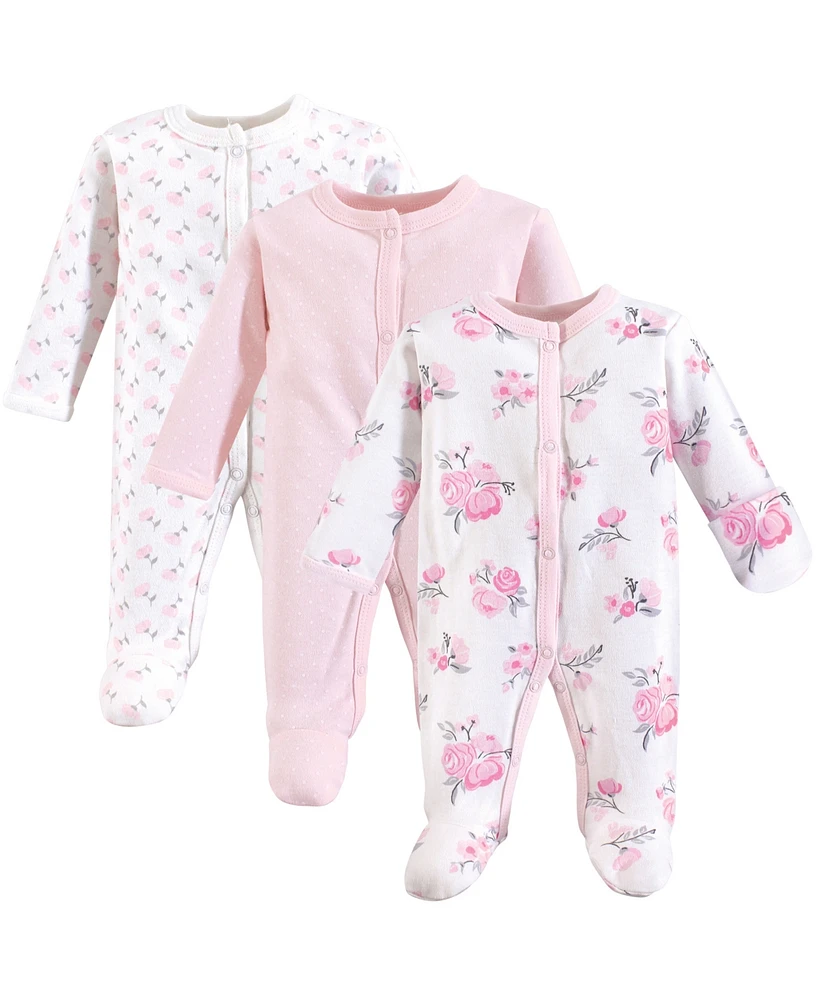 Hudson Baby Baby Girls Cotton Preemie Snap Sleep and Play 3pk, Basic Pink Floral, Preemie