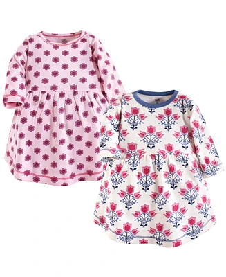 Touched by Nature Baby Girls Organic Cotton Long-Sleeve Dresses 2pk, Botanical, 9-12 Months