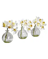 Nearly Natural Cymbidium w/Vase Silk Flower Arrangement, Set of 3