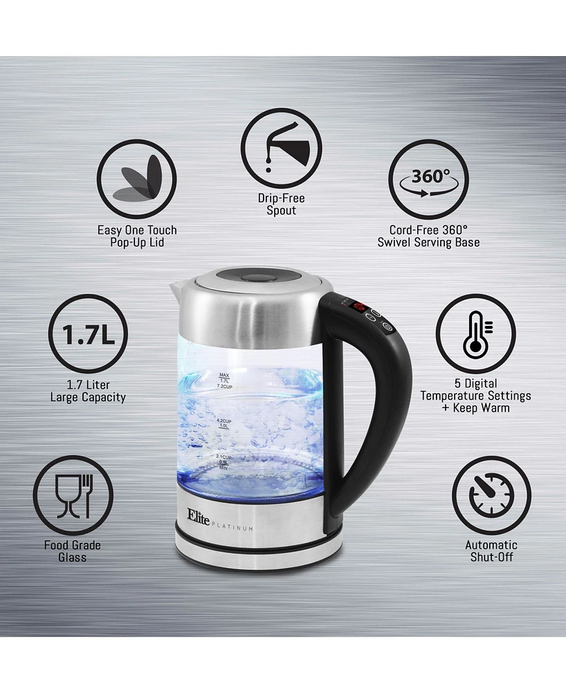 Elite Platinum 1.7L - 7.2 Cup Electric Programmable Cordless Glass Kettle