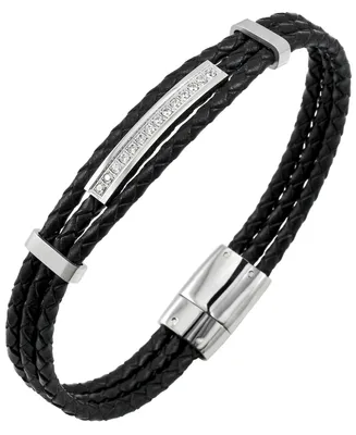 Sutton Stainless Steel And Braided Leather Bracelet With Cubic Zirconia Stations