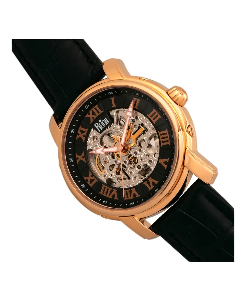 Reign Kahn Automatic Skeleton Rose Gold Case, Genuine Black Leather Watch 45mm