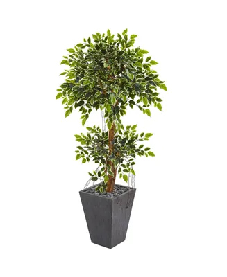 Nearly Natural 5' Variegated Ficus Artificial Tree in Slate Planter