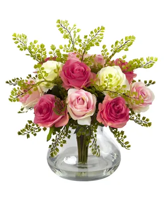 Nearly Natural Rose and Maiden Hair Floral Arrangement w/Vase