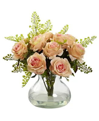 Nearly Natural Rose and Maiden Hair Floral Arrangement w/Vase