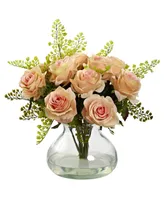 Nearly Natural Rose and Maiden Hair Floral Arrangement w/Vase