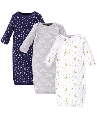 Hudson Baby Baby Boys Hudson Cotton Long-Sleeve Gowns 3pk, Navy Stars & Moon, 0-6 Months