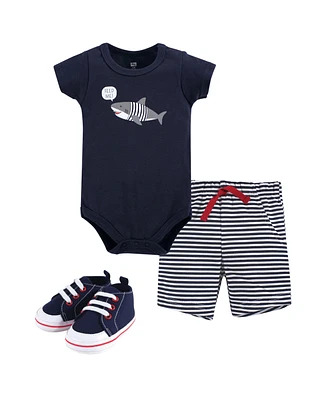 Hudson Baby Boys Cotton Bodysuit, Shorts and Shoe 3pc Set