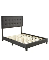 Ultima Roma Upholstered Tufted Faux Leather Platform Bed Frame with Bonus Base Wooden Slat System, Queen