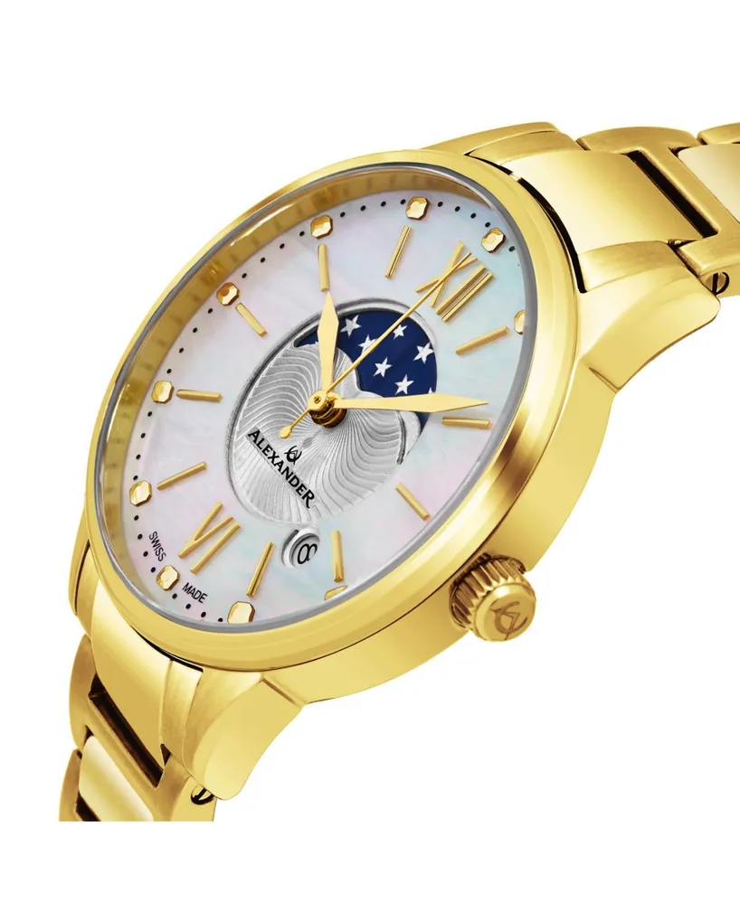 Alexander Watch A204B-05, Ladies Quartz Moonphase Date Watch with Yellow Gold Tone Stainless Steel Case on Yellow Gold Tone Stainless Steel Bracelet