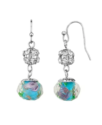 2028 Silver Tone Aqua and Pink Flower Bead with Crystals Drop Wire Earring