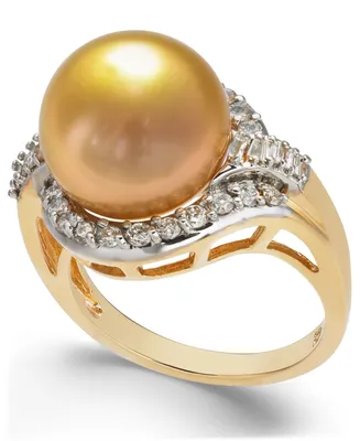 Cultured Golden South Sea Pearl (12mm) and Diamond (5/8 ct. t.w.) Ring in 14k Gold