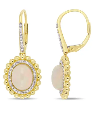 Opal (4 ct. t.w.) and Diamond (1/4 ct. t.w.) Halo Earrings in 14k Yellow Gold