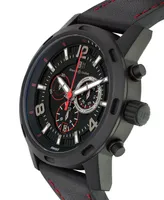 Buech & Boilat Baracchi Mens Chronograph Watch - Black Leather Strap, Black and Red Dial, 46mm