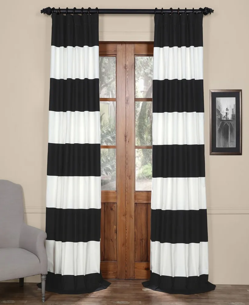 Half Price Drapes Onyx Black & Off White Horizontal Striped Printed Cotton Room Darkening Curtain