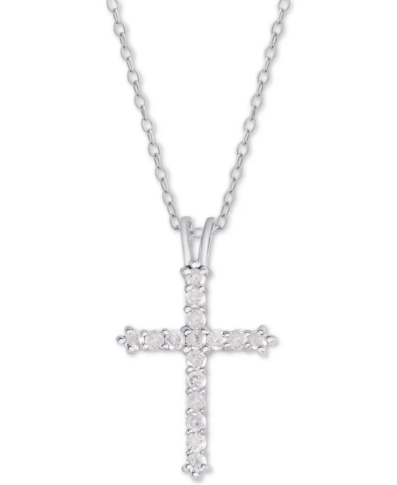 Diamond Cross Pendant Necklace (1/2 ct. t.w.) Sterling Silver or 14k Gold-Plate Over Silver, 16" + 2" Extender