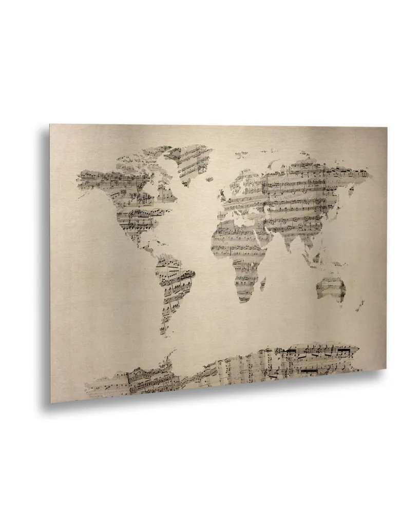 Michael Tompsett Old Sheet Music World Map Floating Brushed Aluminum Art - 22" x 25"