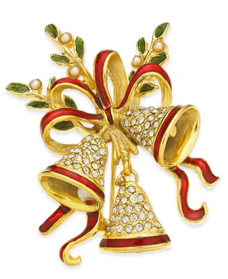 Holiday Lane Gold-Tone Crystal & Imitation Pearl Triple Bell Pin, Created for Macy's