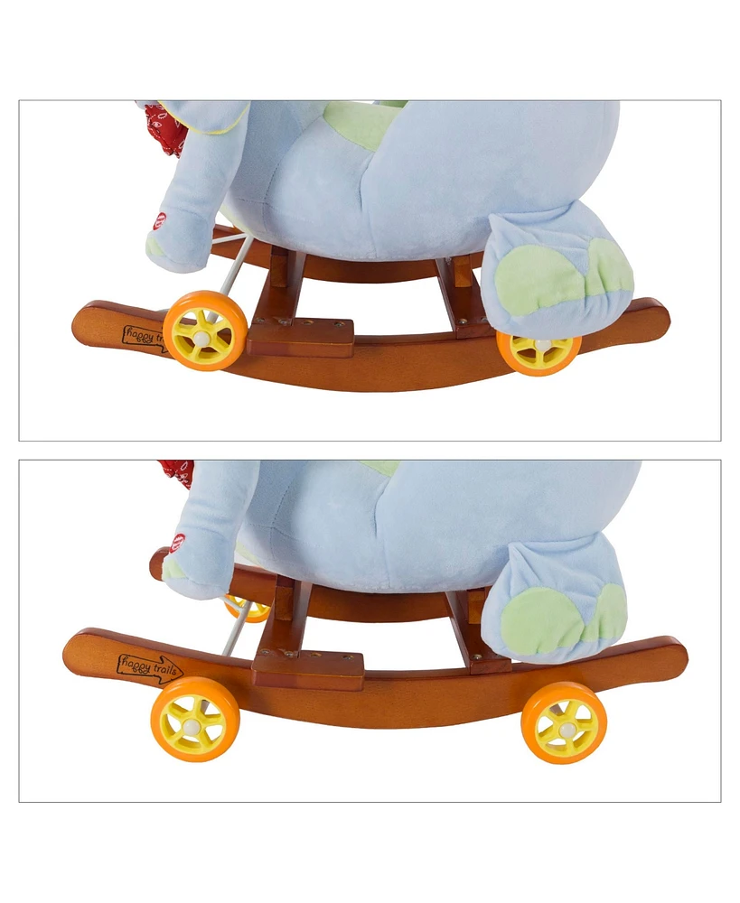 Happy Trails Rocking Horse Plush Animal Elephant 2-in-1 Wooden Rockers Wheels