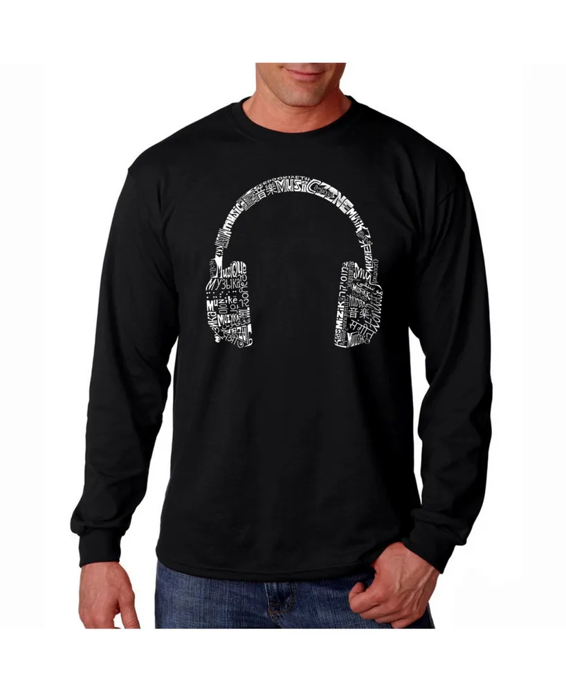 La Pop Art Men's Word Long Sleeve T-Shirt- Headphones - Music Different Languages