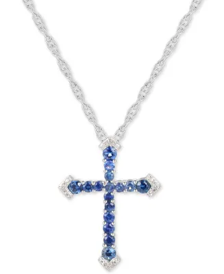 Sapphire (1/2 ct. t.w.) & Diamond Accent Cross 18" Pendant Necklace in Sterling Silver