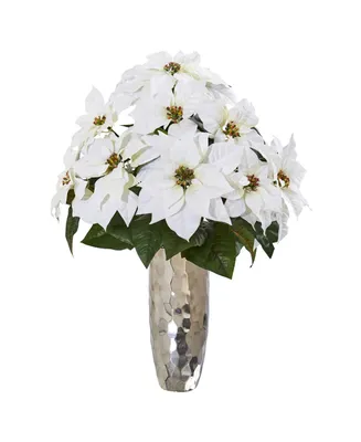 Nearly Natural Poinsettia Artificial Arrangement in Silver Cylinder Vase