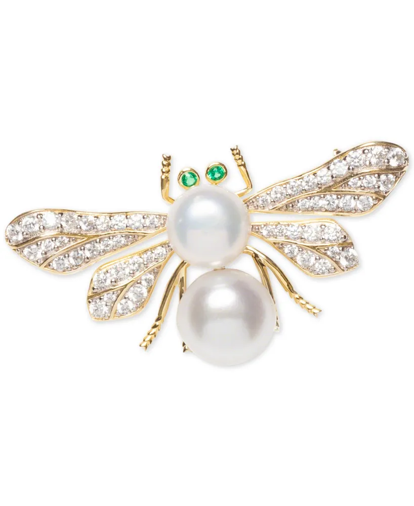 Cultured Freshwater Pearl (8 & 9mm) & Cubic Zirconia Bee Pin in Sterling Silver & 18k Gold-Plate over Silver