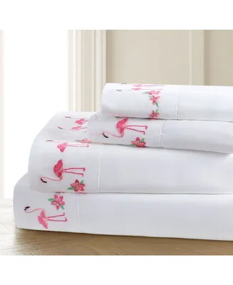 Universal Home Fashions Seaside Resort Flamingo Parade Embroidered Sheet Set King