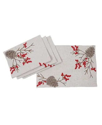 Manor Luxe Christmas Pine Cone Crewel Embroidered Placemats