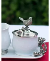 Vagabond House Stoneware Creamer Set - Pewter Song Bird Long Tray with Creamer, Sugar Bowl and Spoon