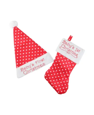 Northlight 12" Red Super Soft Polka Dot Baby's 1st Christmas Santa Hat and Stocking Set
