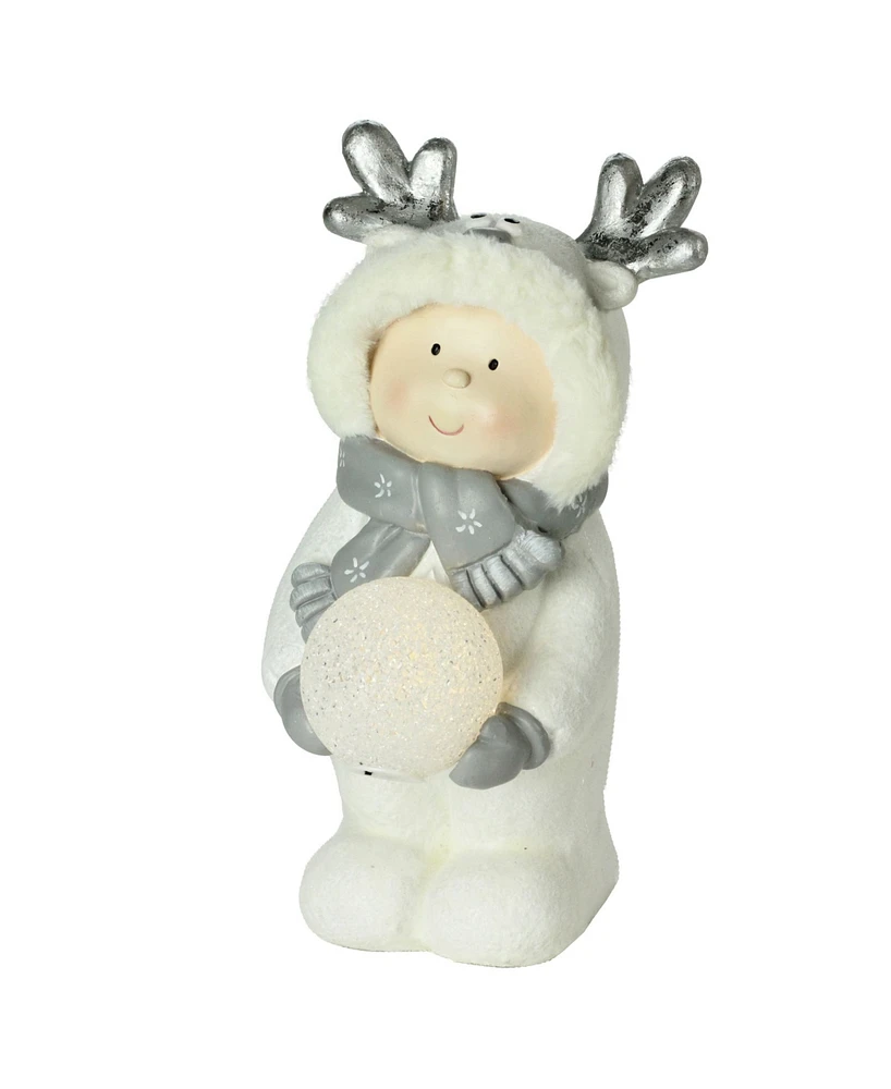 Northlight 15.75" Smiling Child in White Snow Suit Holding Led Lighted Snowball Christmas