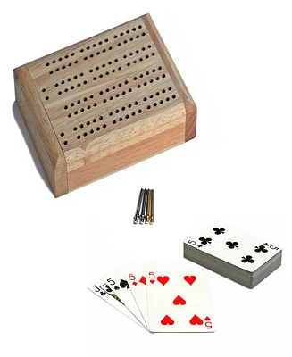 We Games Mini Travel Cribbage Set - Solid Wood 2 Track Board with Swivel Top and Storage for Cards and Metal Pegs