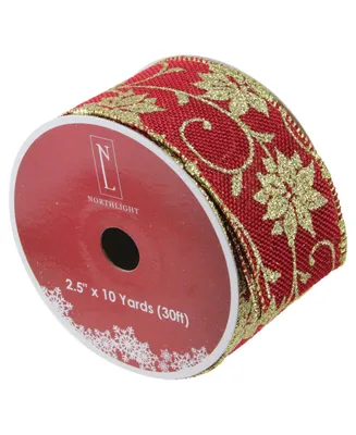 Northlight Cranberry Red and Gold Poinsettia Burlap Wired Christmas Craft Ribbon 2.5" x 10 Yards
