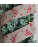 Northlight Red Tree and Beige Burlap Wired Christmas Craft Ribbon 2.5" x 10 Yards