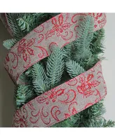 Northlight Holly Red and Beige Burlap Wired Christmas Craft Ribbon 2.5" x 10 Yards