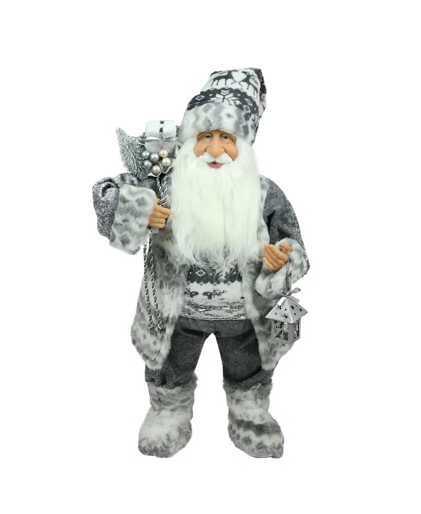 Northlight 24" Alpine Chic Standing Santa Claus in Gray and White with a Bag and Lantern Christmas Figure