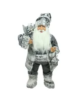 Northlight 24" Alpine Chic Standing Santa Claus in Gray and White with a Bag and Lantern Christmas Figure