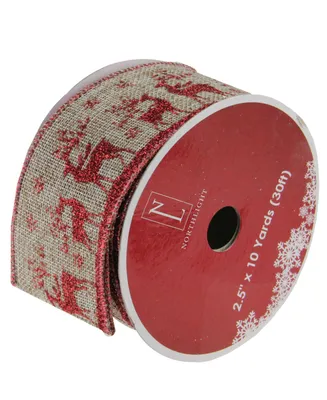 Northlight Pack of 12 Wandering Red Reindeer Brown Burlap Wired Christmas Craft Ribbon Spools - 2.5" x 120 Yards Total