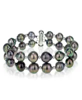 Black Tahitian Cultured Pearl (8-10 mm) Double-Row Bracelet in Sterling Silver