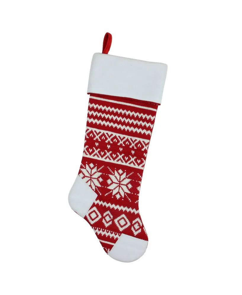 Northlight 21.5" Red and White Knitted Snowflake Christmas Stocking with Fleece Cuff