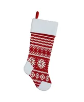 Northlight 21.5" Red and White Knitted Snowflake Christmas Stocking with Fleece Cuff