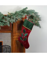 Northlight 21" Red and Green Holly Embroidered Velvet Christmas Stocking with Gold Metallic Trim