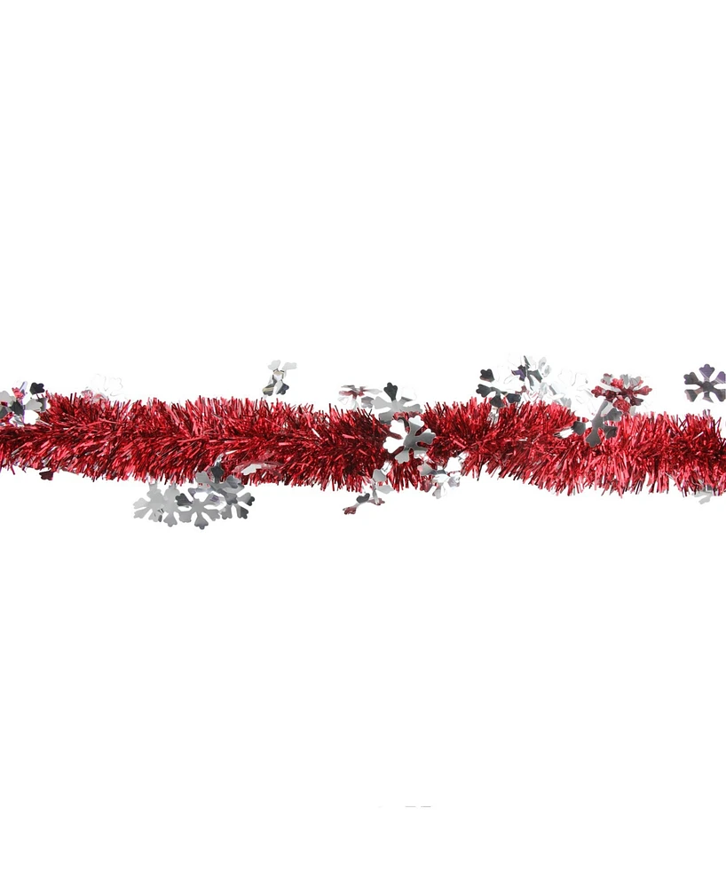 Northlight 12' Shiny Red Christmas Tinsel Garland with Silver Snowflakes - Unlit