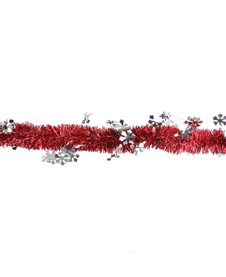 Northlight 12' Shiny Red Christmas Tinsel Garland with Silver Snowflakes - Unlit