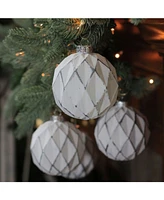 Northlight 4ct White and Gray Diamond Pattern Christmas Glass Ball Ornaments 4" 100mm