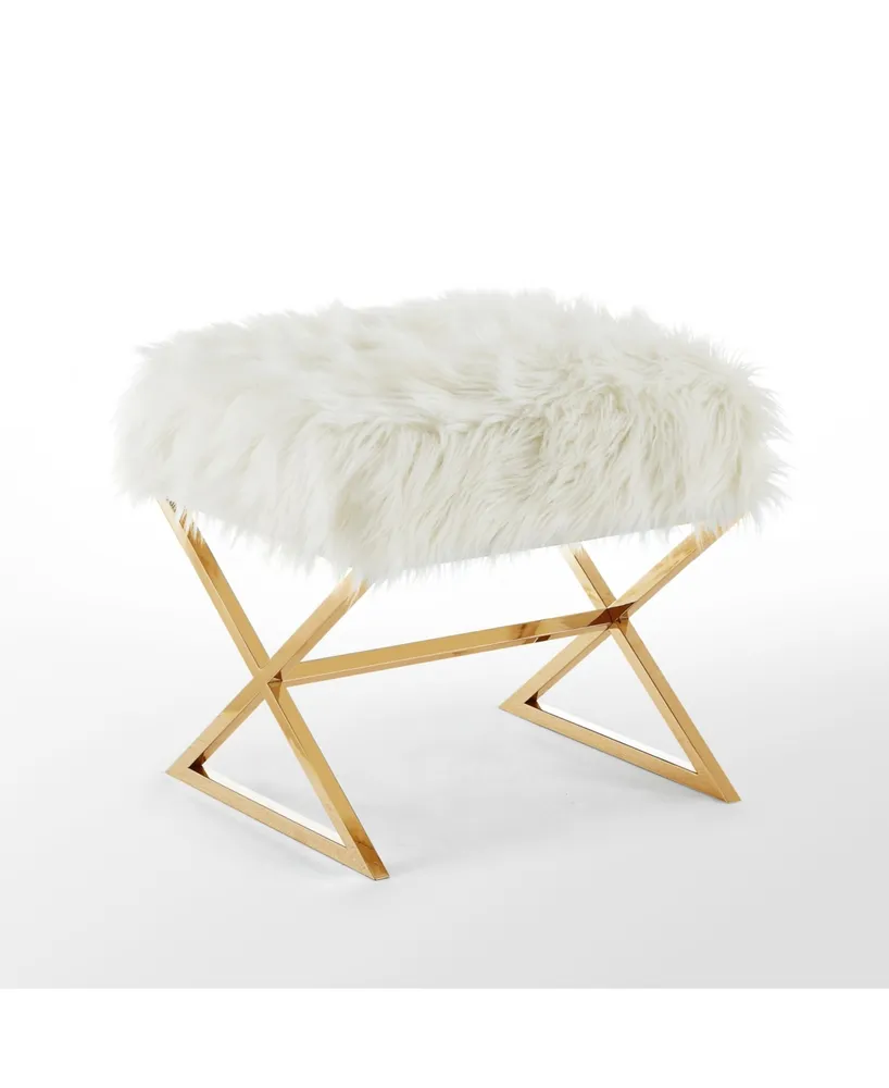 Inspired Home Aurora Faux Fur Ottoman with Metal X-Leg Frame