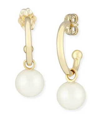 Pearl (6 mm) Drop Hoop Earrings Set in 14k Yellow Gold