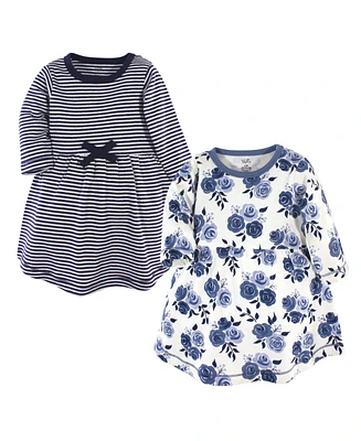 Touched by Nature Baby Girls Cotton Long-Sleeve Dresses 2pk, Navy Floral