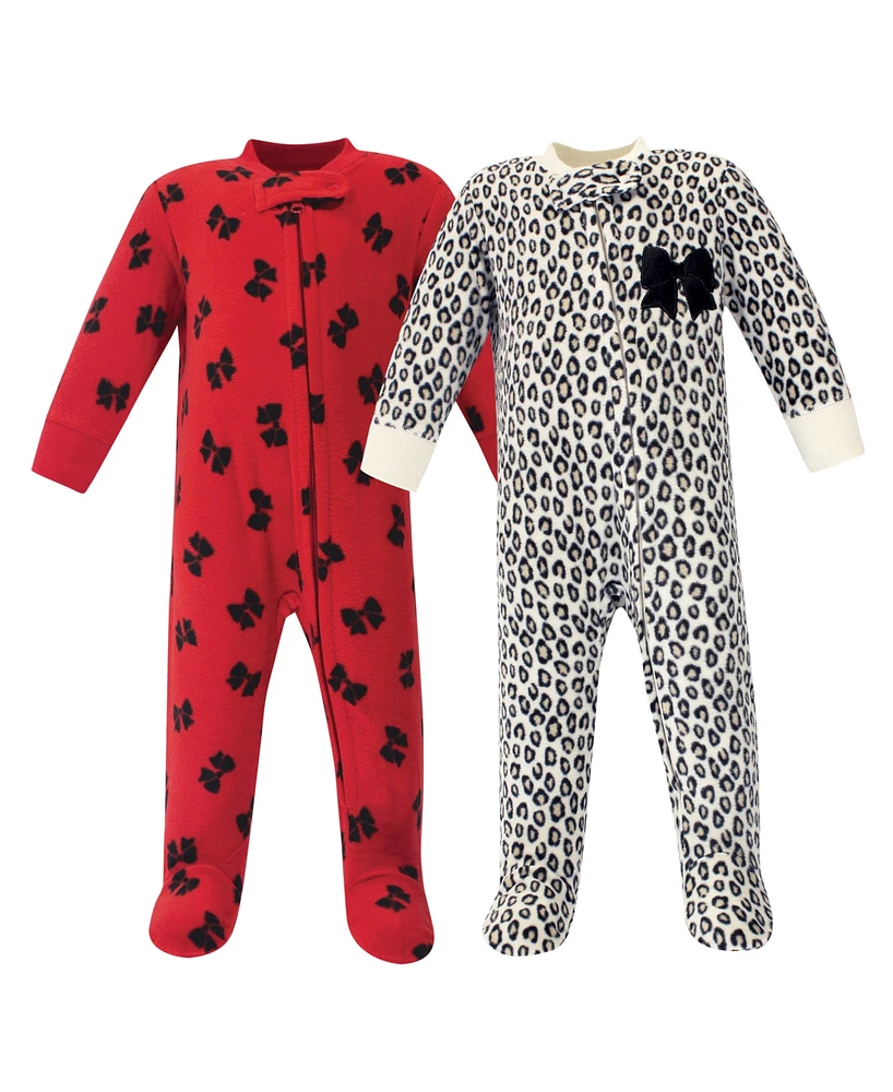 Little Treasure Baby Girls Fleece Zipper Sleep and Play 2pk, Leopard Bow